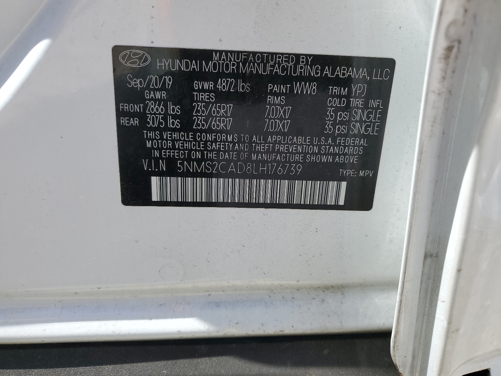 5NMS2CAD8LH176739 2020 Hyundai Santa Fe Se