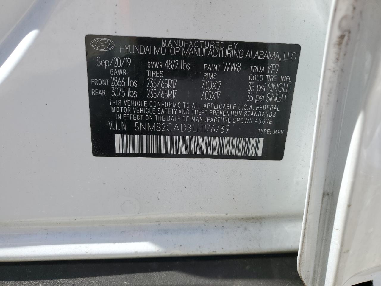 2020 Hyundai Santa Fe Se VIN: 5NMS2CAD8LH176739 Lot: 56760104