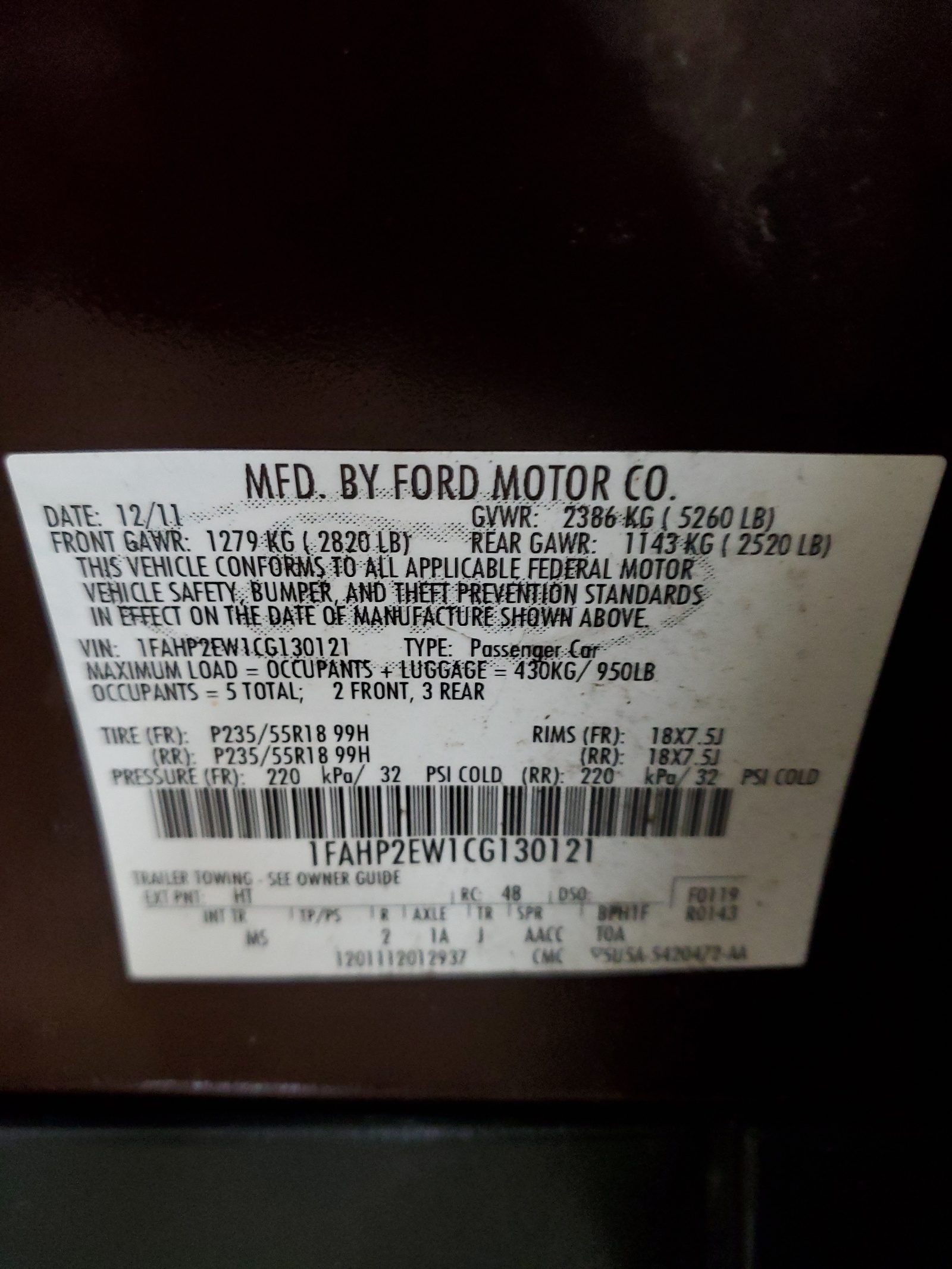 1FAHP2EW1CG130121 2012 Ford Taurus Sel