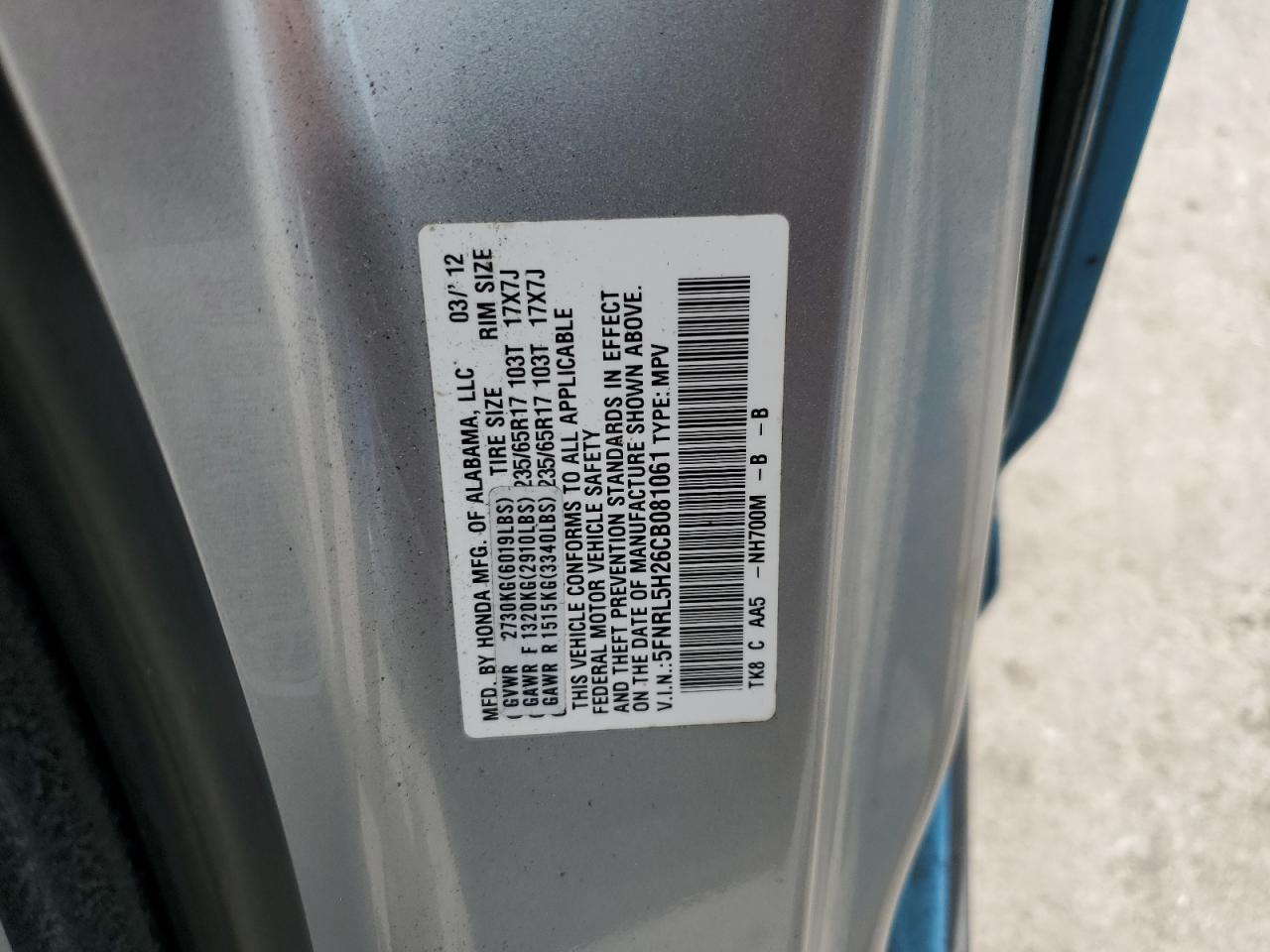 5FNRL5H26CB081061 2012 Honda Odyssey Lx