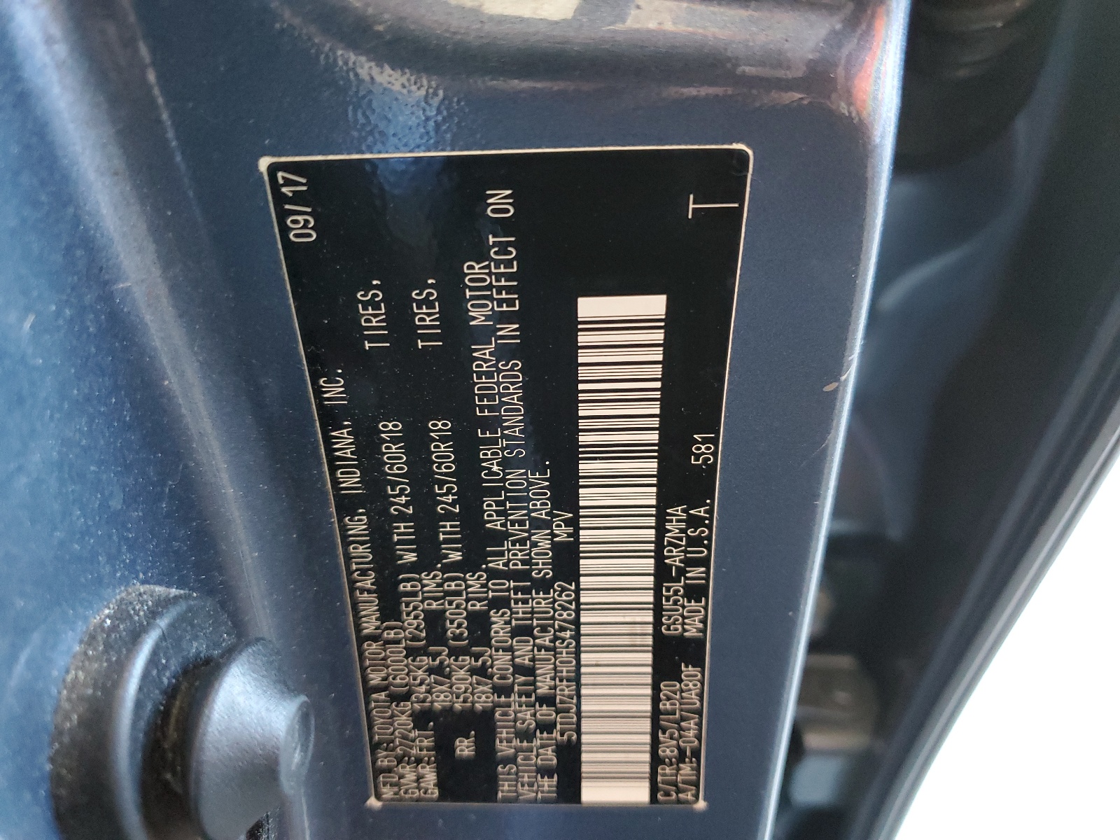 5TDJZRFH0HS478262 2017 Toyota Highlander Se