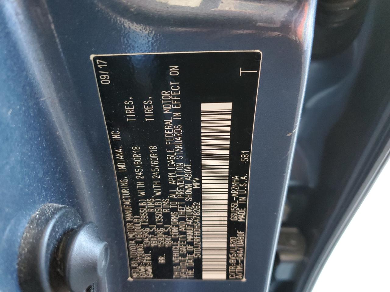 2017 Toyota Highlander Se VIN: 5TDJZRFH0HS478262 Lot: 56749134