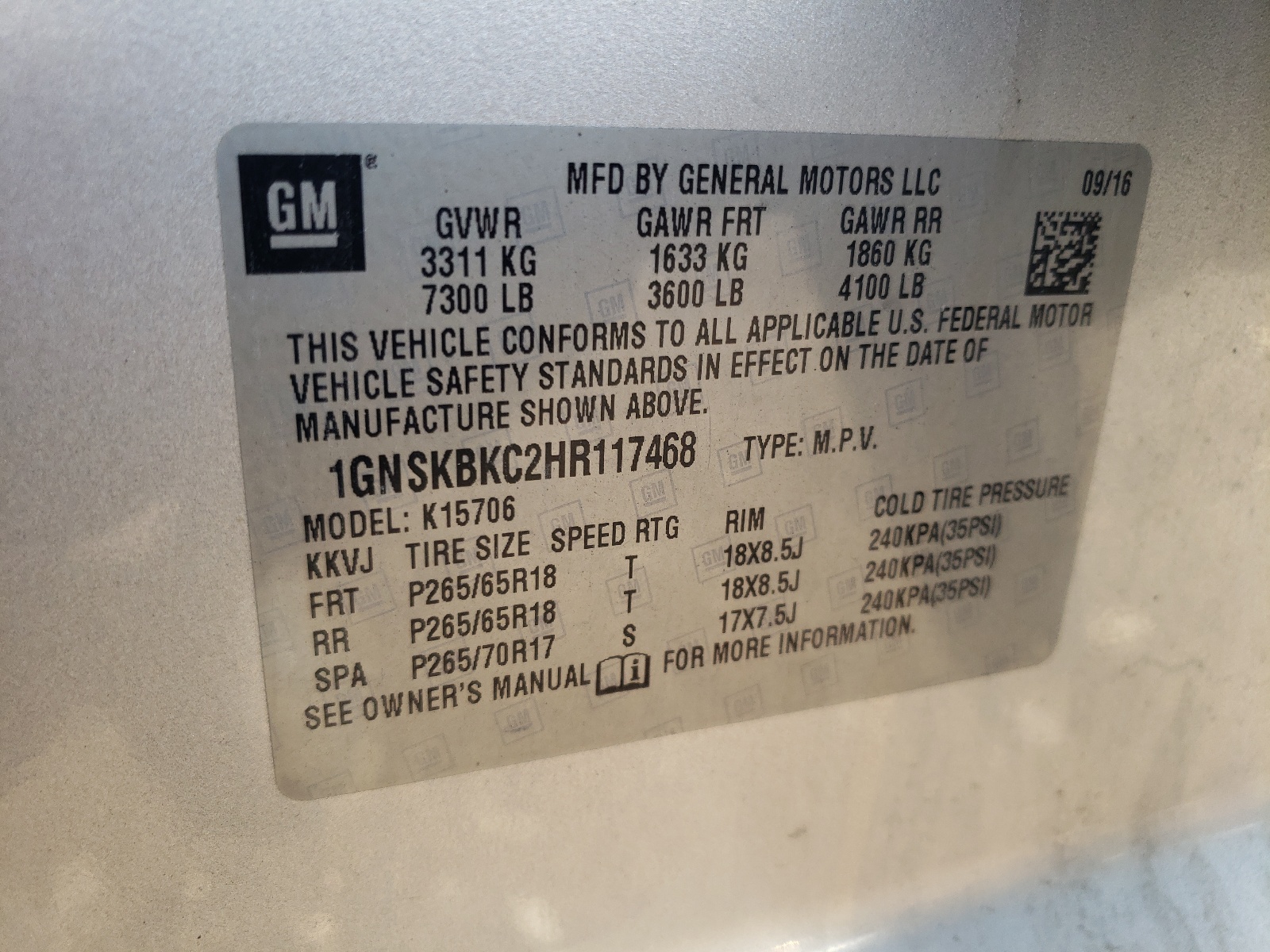 1GNSKBKC2HR117468 2017 Chevrolet Tahoe K1500 Lt