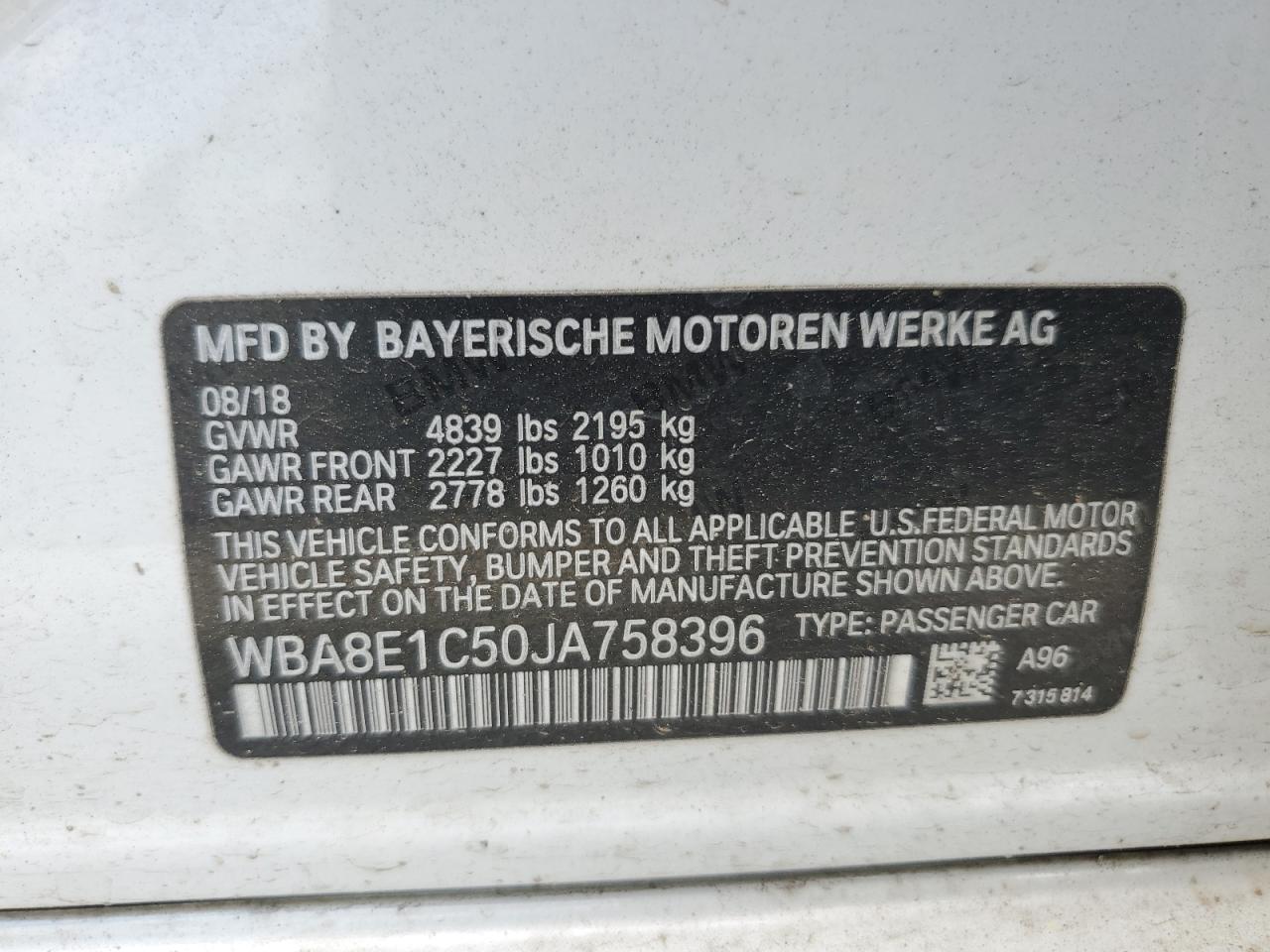 2018 BMW 330E VIN: WBA8E1C50JA758396 Lot: 54569464