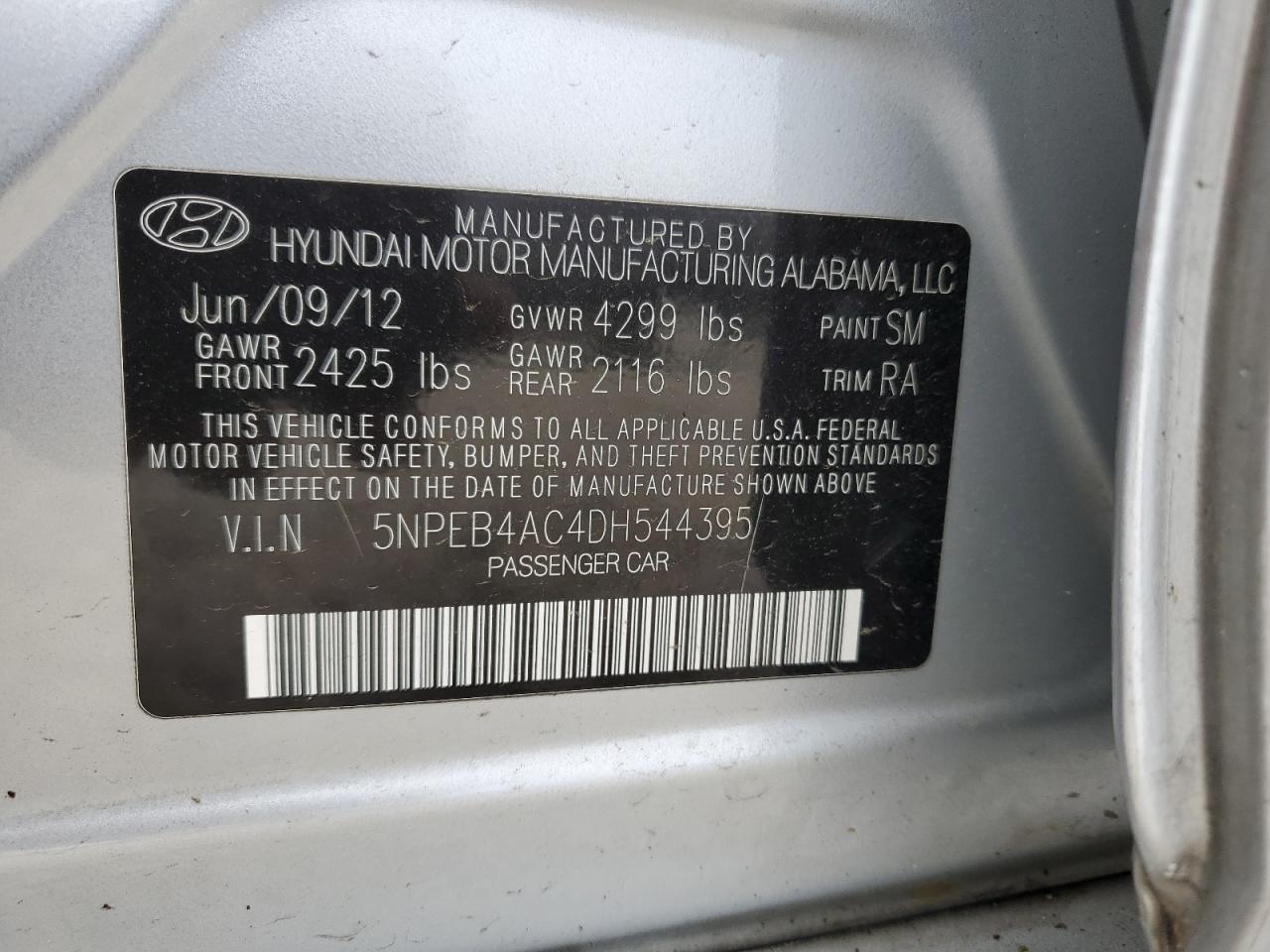 2013 Hyundai Sonata Gls VIN: 5NPEB4AC4DH544395 Lot: 73751894