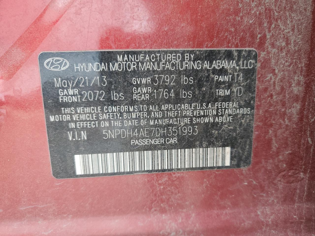 2013 Hyundai Elantra Gls VIN: 5NPDH4AE7DH351993 Lot: 57152924