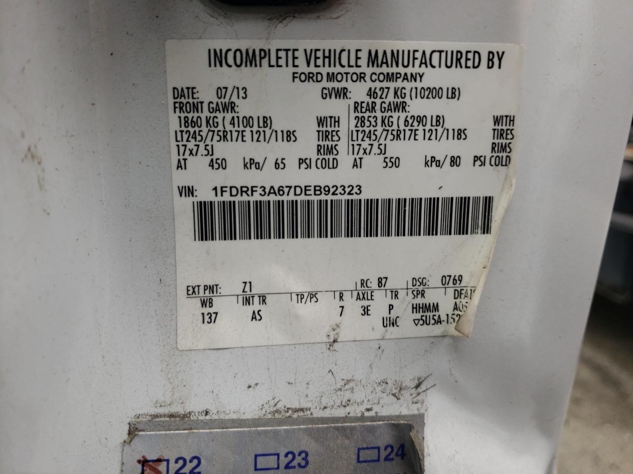 2013 Ford F350 Super Duty VIN: 1FDRF3A67DEB92323 Lot: 53409414