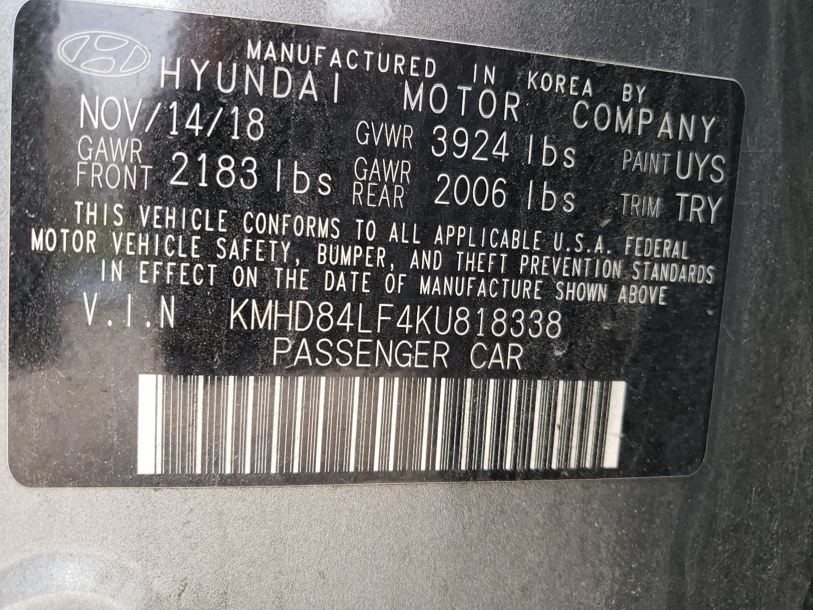 KMHD84LF4KU818338 2019 Hyundai Elantra Sel