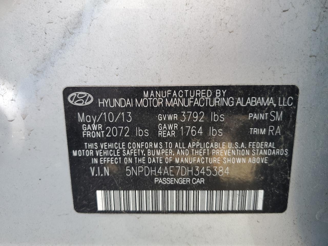 5NPDH4AE7DH345384 2013 Hyundai Elantra Gls