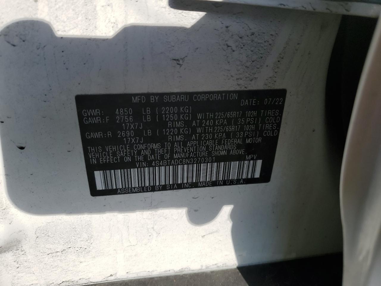 4S4BTADC8N3270301 2022 Subaru Outback Premium