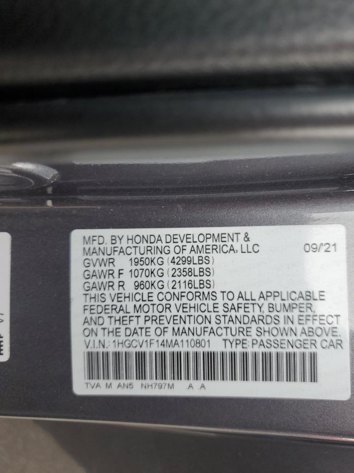 2021 Honda Accord Lx VIN: 1HGCV1F14MA110801 Lot: 53481884