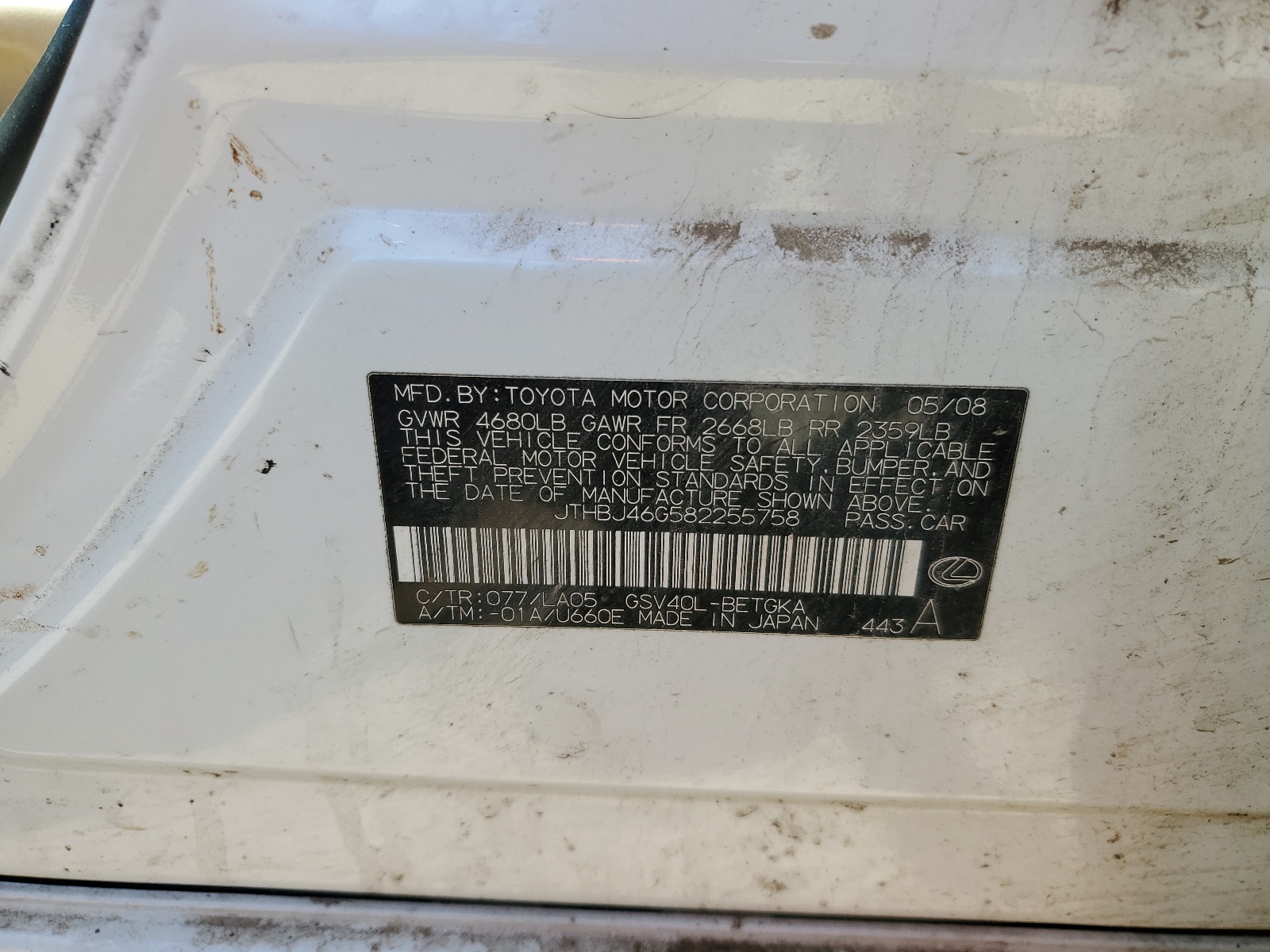 JTHBJ46G582255758 2008 Lexus Es 350