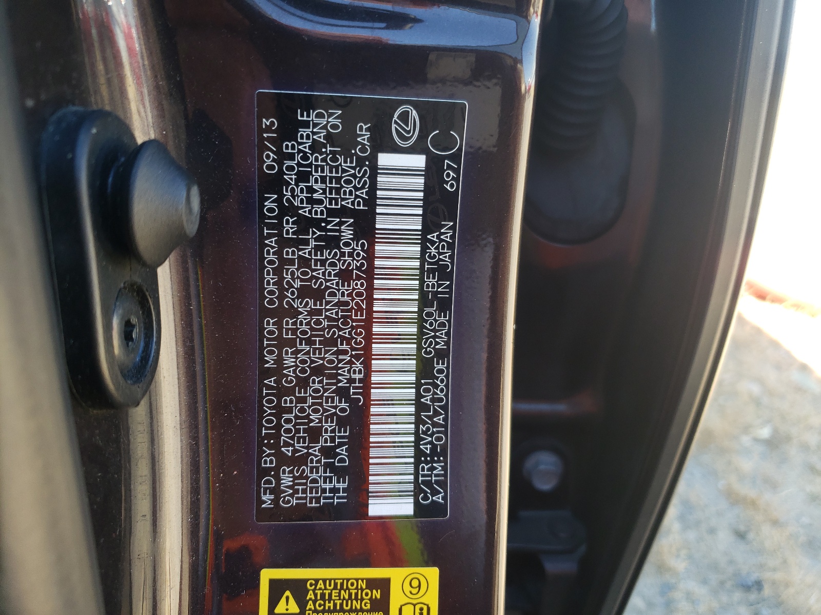 JTHBK1GG1E2087395 2014 Lexus Es 350