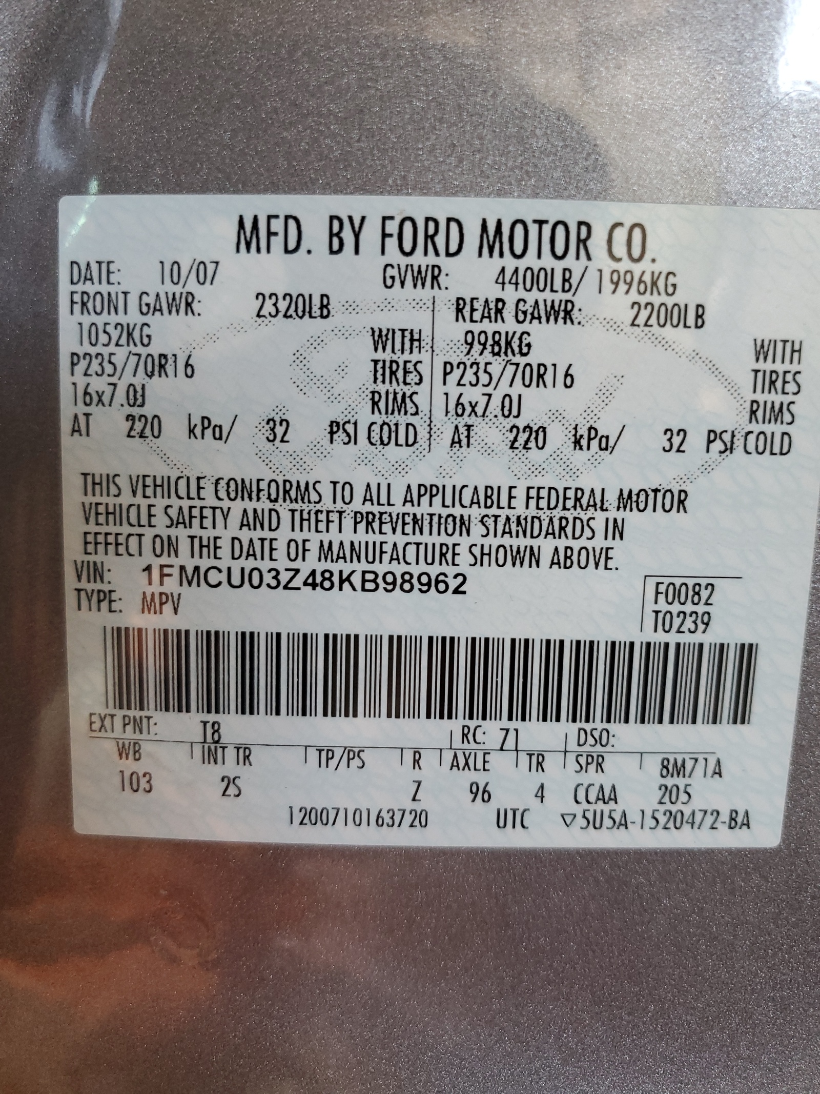 1FMCU03Z48KB98962 2008 Ford Escape Xlt