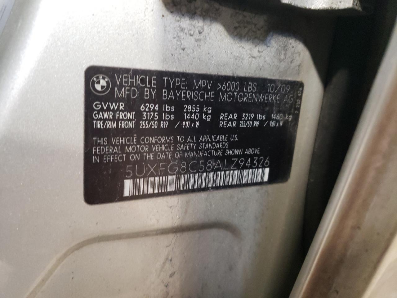 5UXFG8C58ALZ94326 2010 BMW X6 xDrive50I