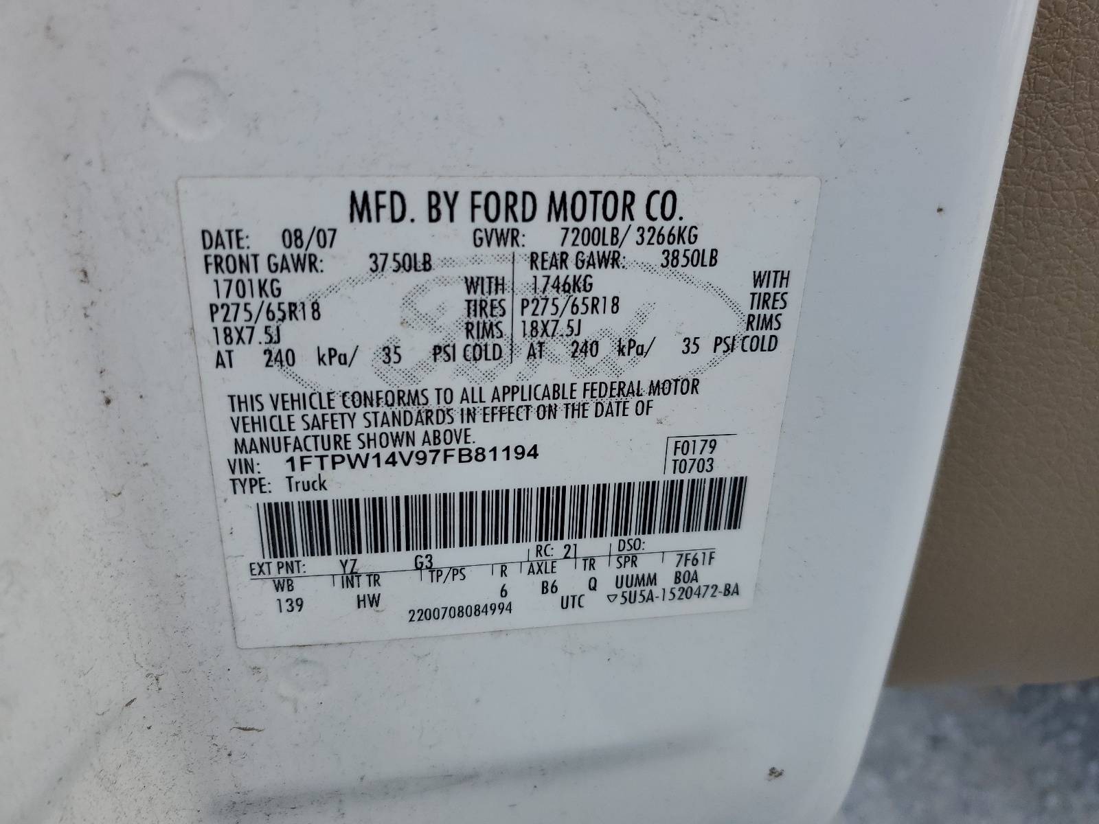 1FTPW14V97FB81194 2007 Ford F150 Supercrew