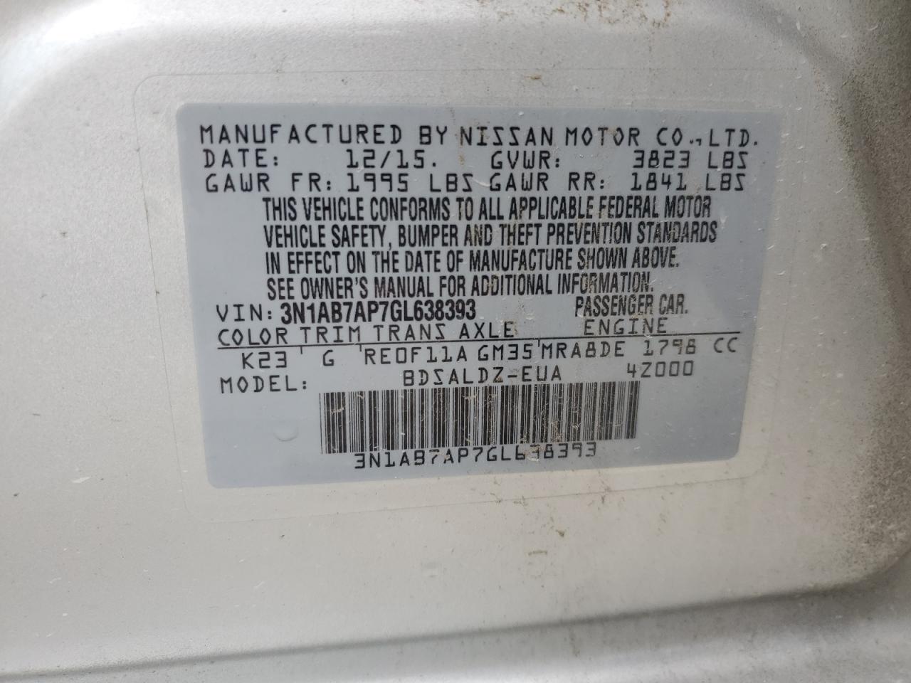 3N1AB7AP7GL638393 2016 Nissan Sentra S