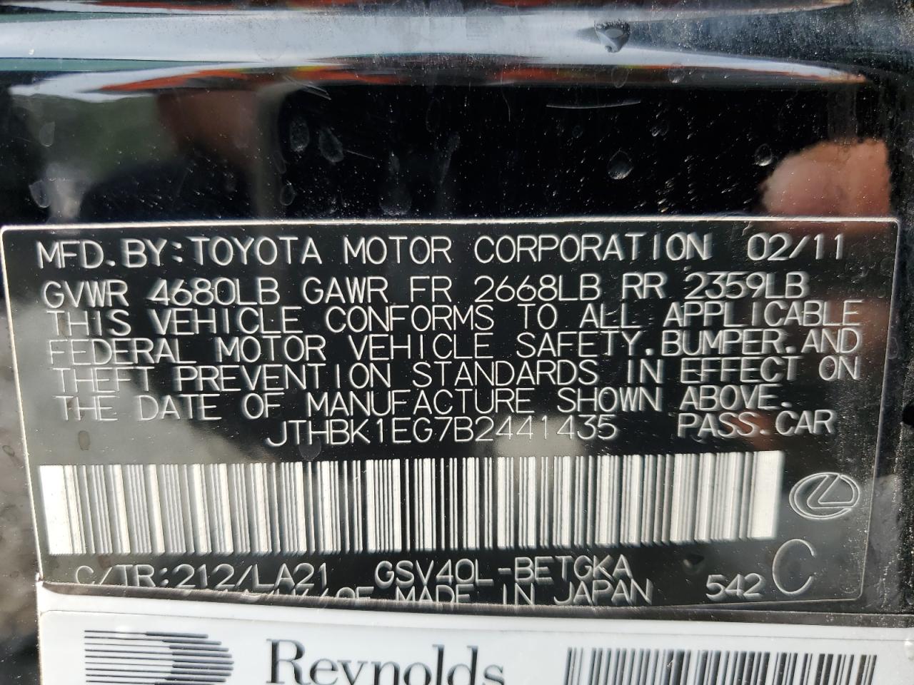 JTHBK1EG7B2441435 2011 Lexus Es 350