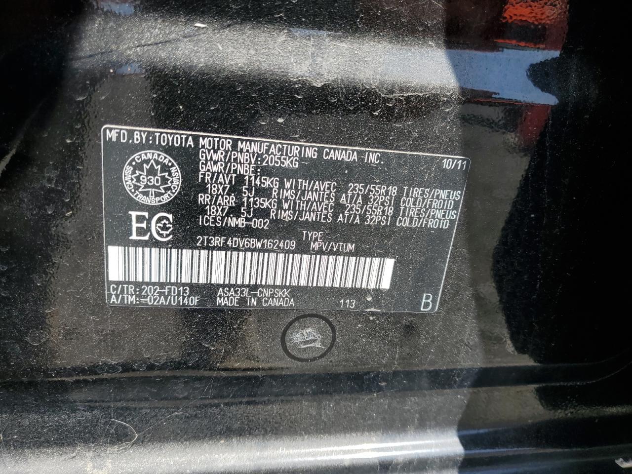 2011 Toyota Rav4 Sport VIN: 2T3RF4DV6BW162409 Lot: 56352184