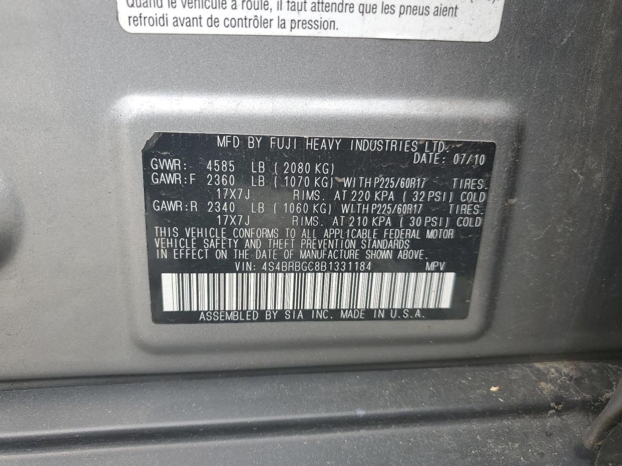 2011 Subaru Outback 2.5I Premium VIN: 4S4BRBGC8B1331184 Lot: 56863744