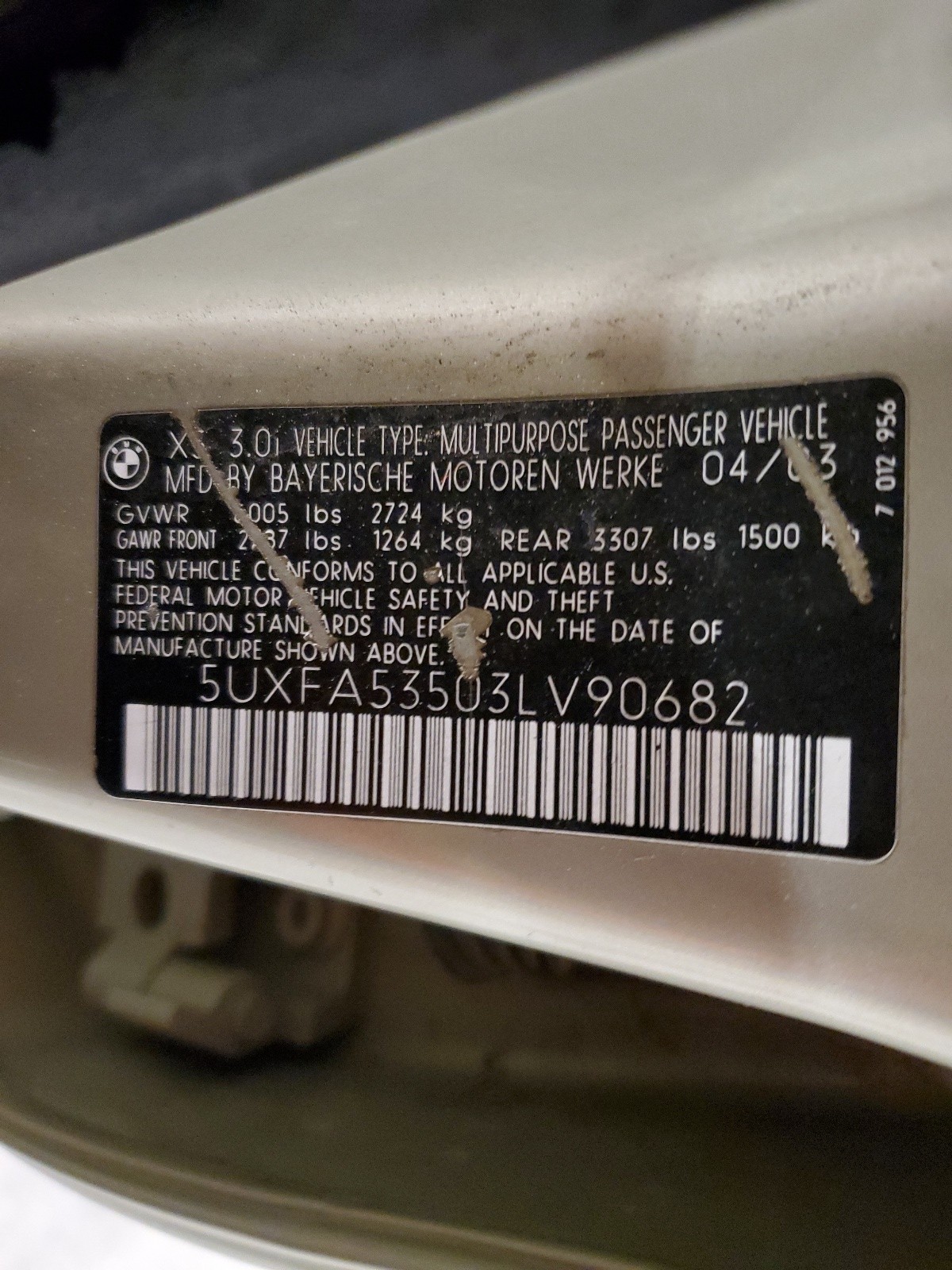 5UXFA53503LV90682 2003 BMW X5 3.0I