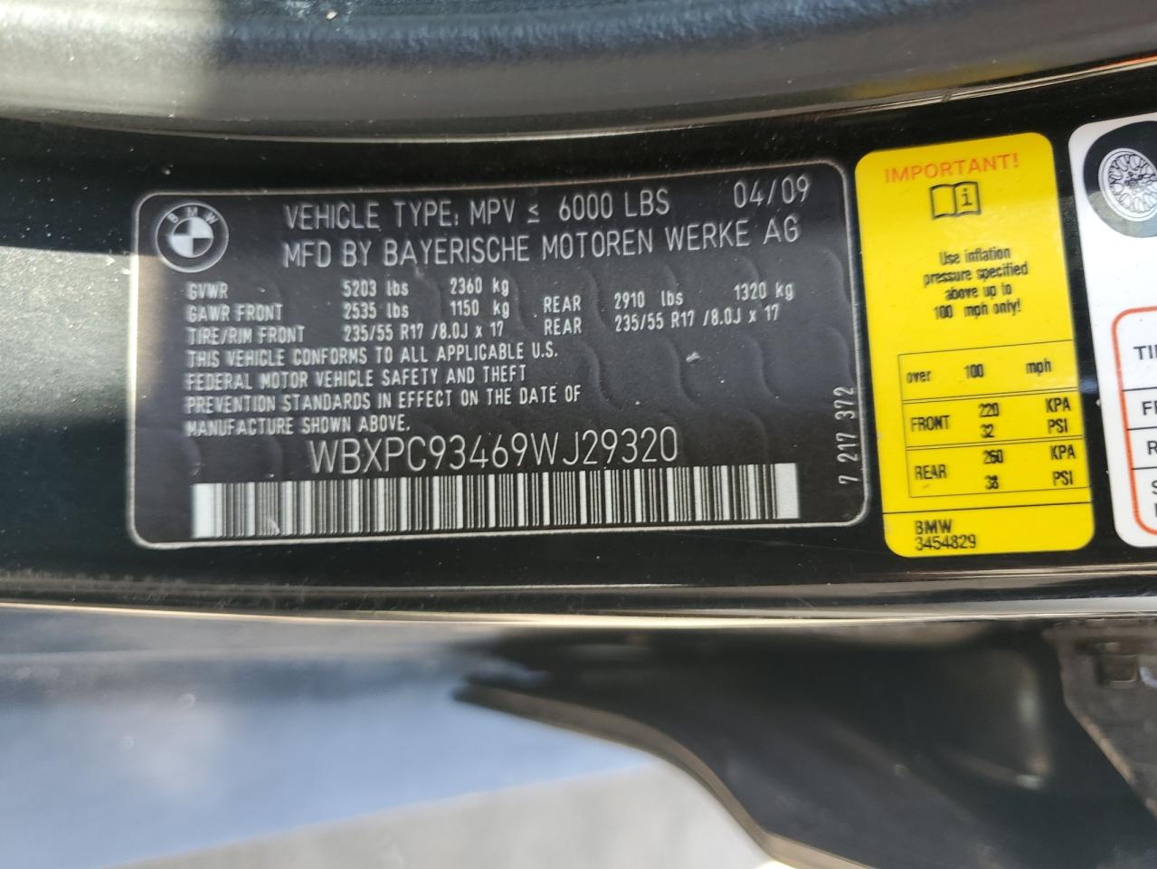 2009 BMW X3 xDrive30I VIN: WBXPC93469WJ29320 Lot: 52894314