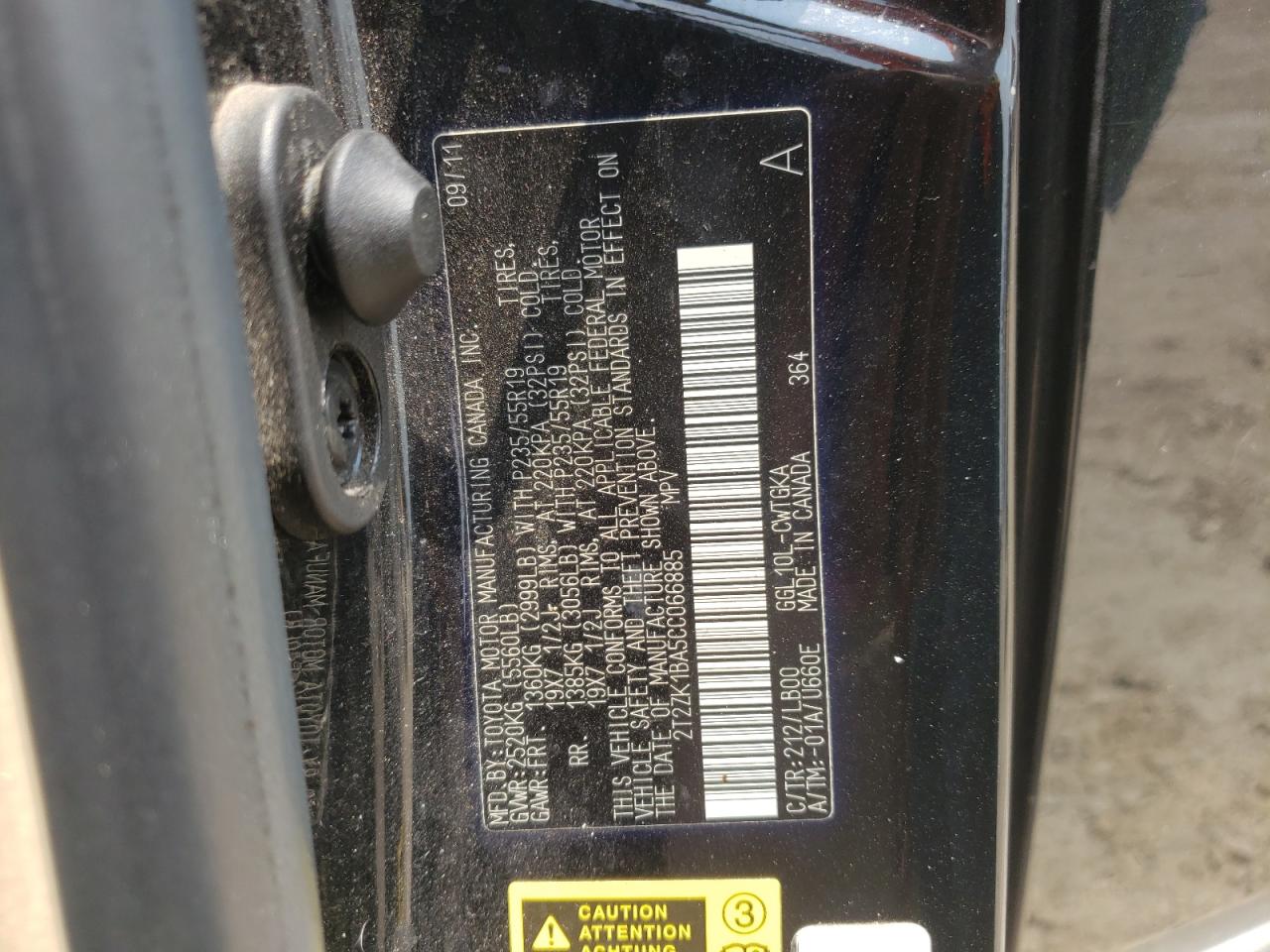 2012 Lexus Rx 350 VIN: 2T2ZK1BA5CC066885 Lot: 55594594