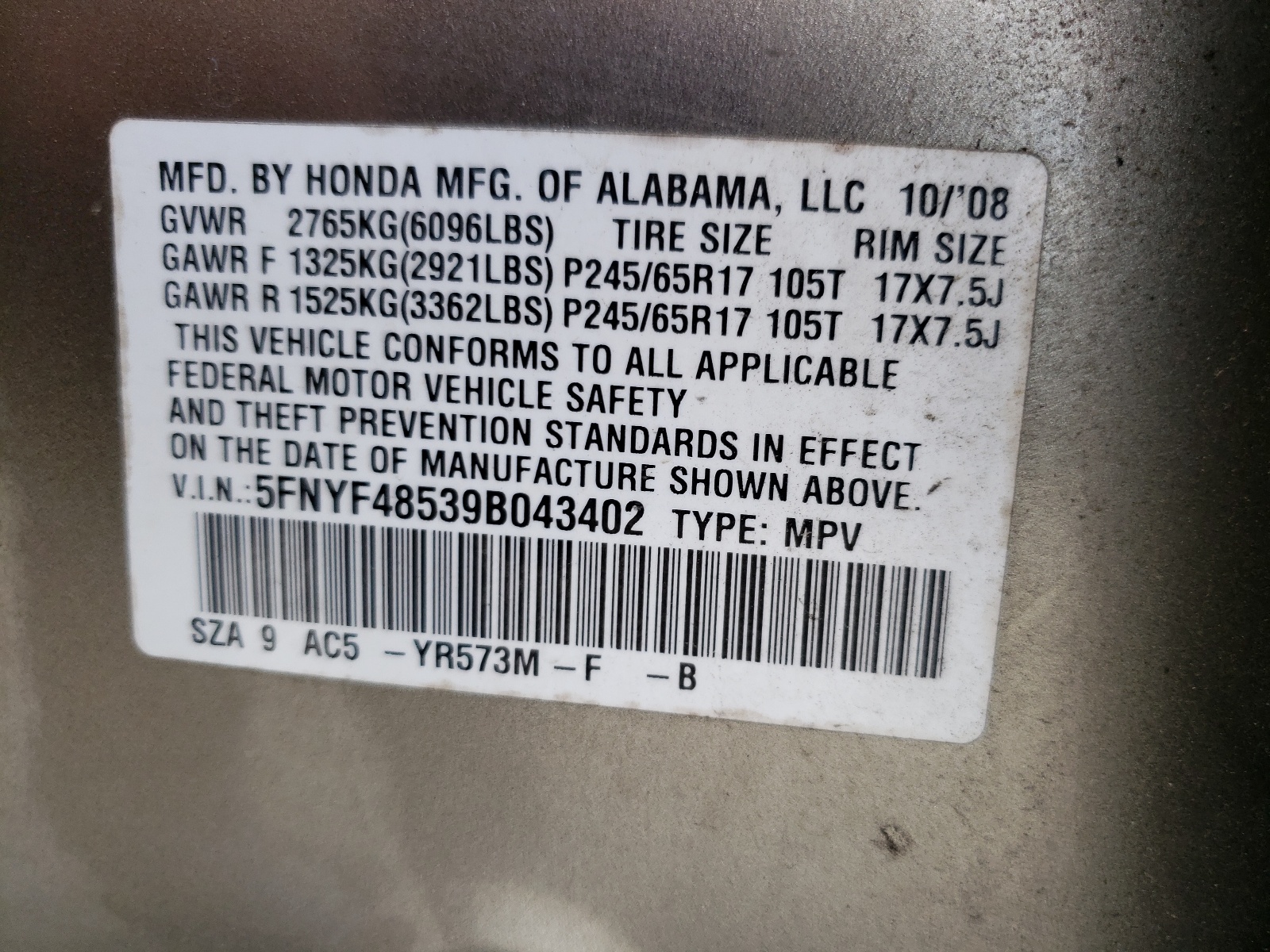 5FNYF48539B043402 2009 Honda Pilot Exl