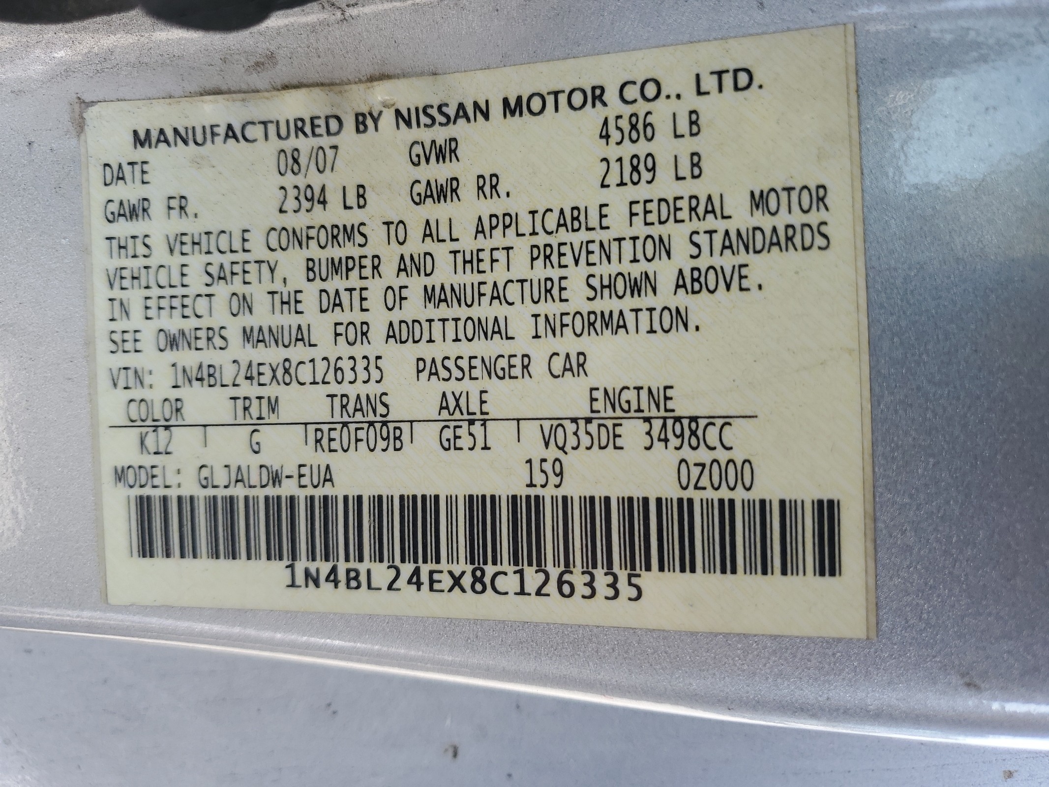 1N4BL24EX8C126335 2008 Nissan Altima 3.5Se