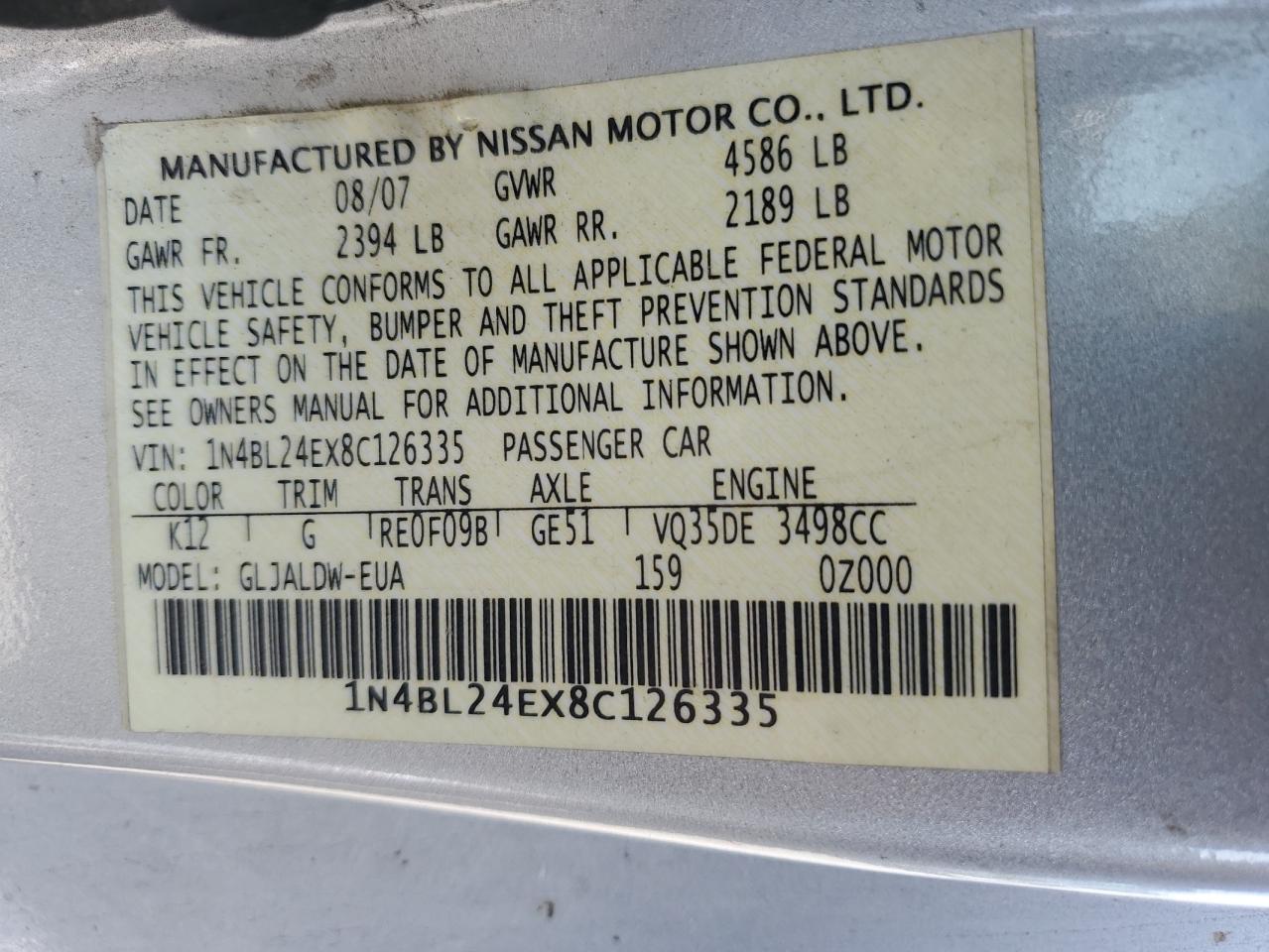 2008 Nissan Altima 3.5Se VIN: 1N4BL24EX8C126335 Lot: 57192154