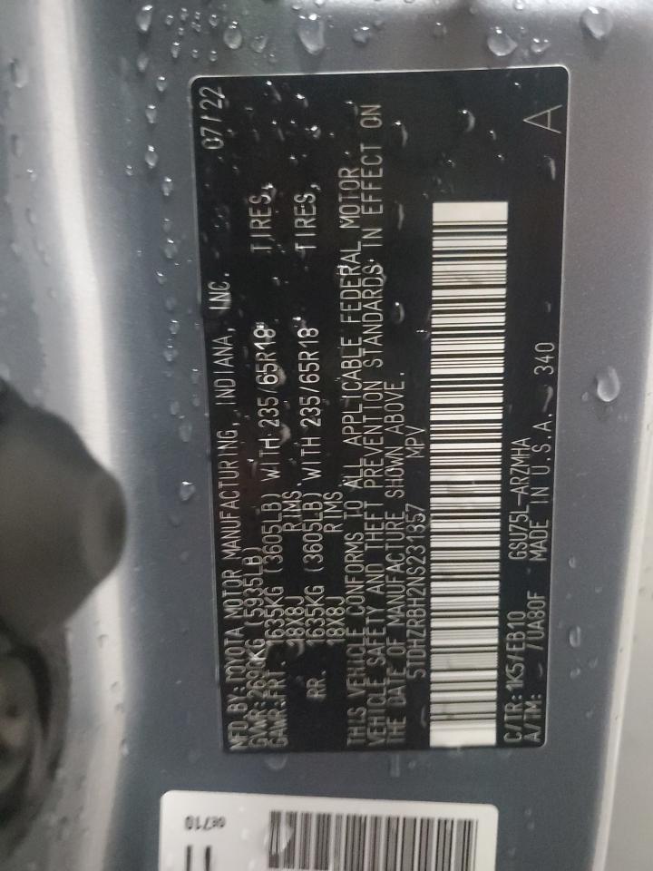 2022 Toyota Highlander Xle VIN: 5TDHZRBH2NS231857 Lot: 56827034