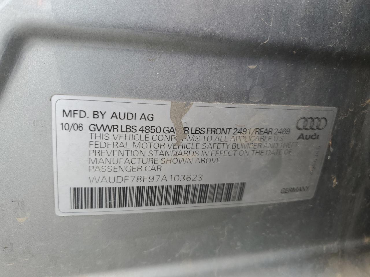 2007 Audi A4 2.0T Quattro VIN: WAUDF78E97A103623 Lot: 55005434