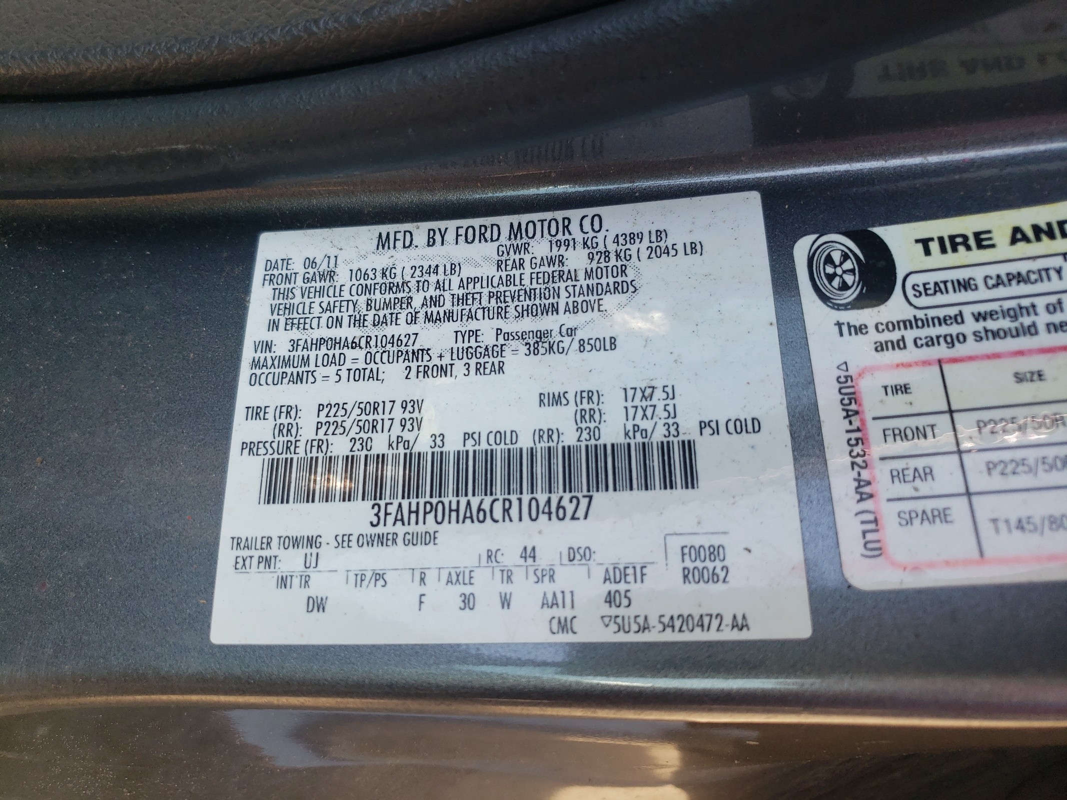 3FAHP0HA6CR104627 2012 Ford Fusion Se