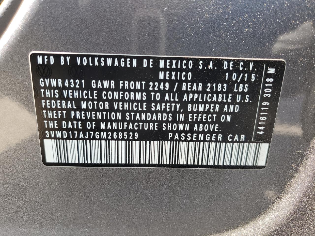 2016 Volkswagen Jetta Sport VIN: 3VWD17AJ7GM268529 Lot: 55962964