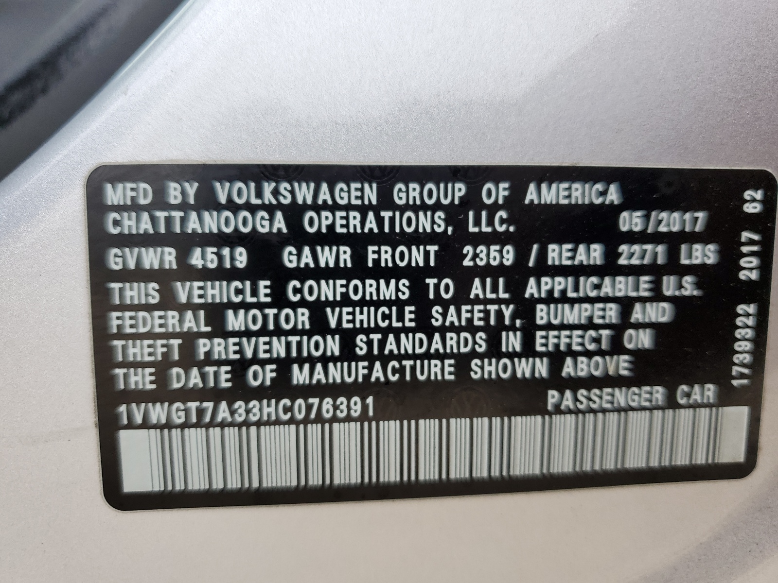 1VWGT7A33HC076391 2017 Volkswagen Passat Se