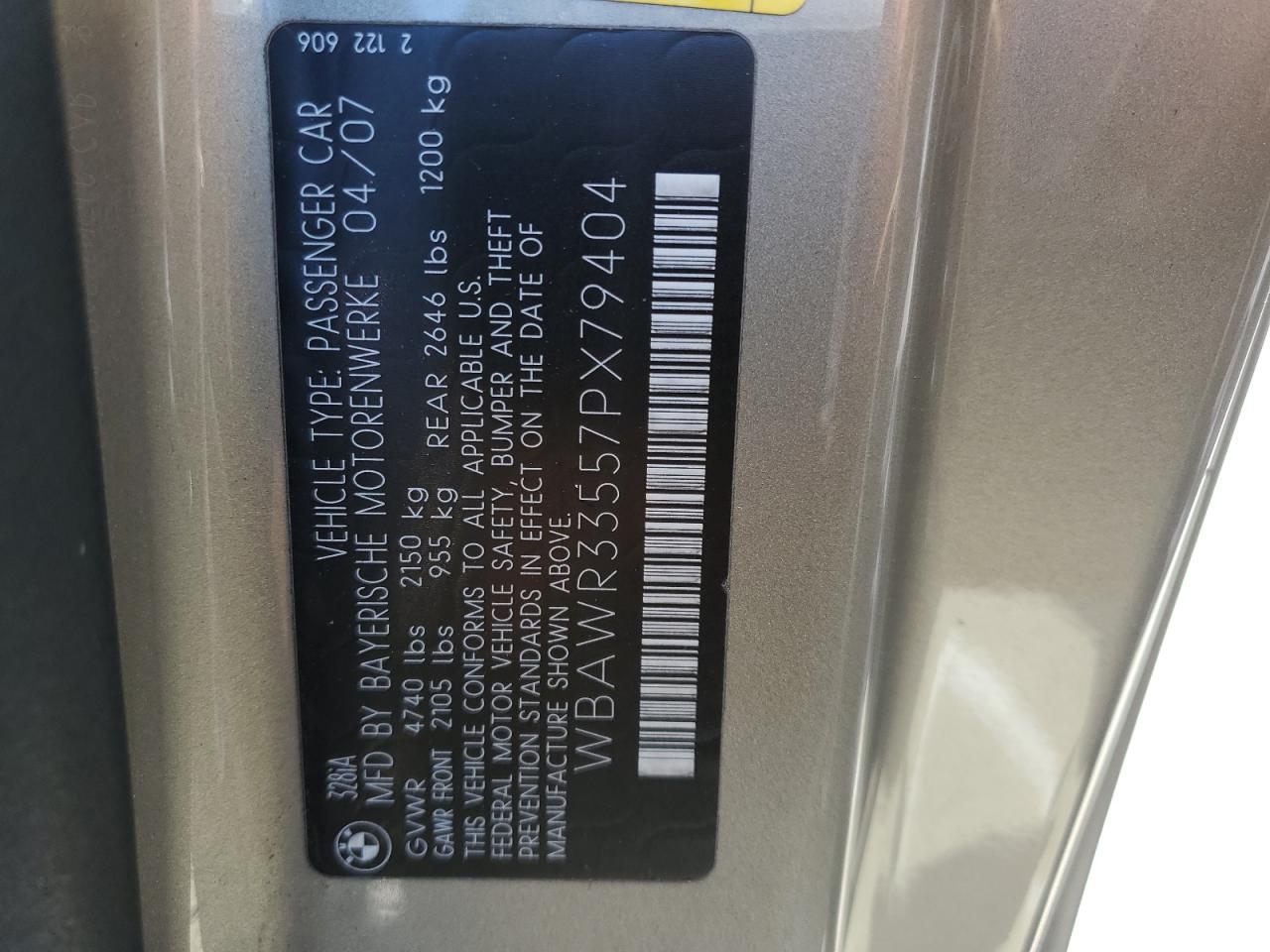 2007 BMW 328 I Sulev VIN: WBAWR33557PX79404 Lot: 54153444