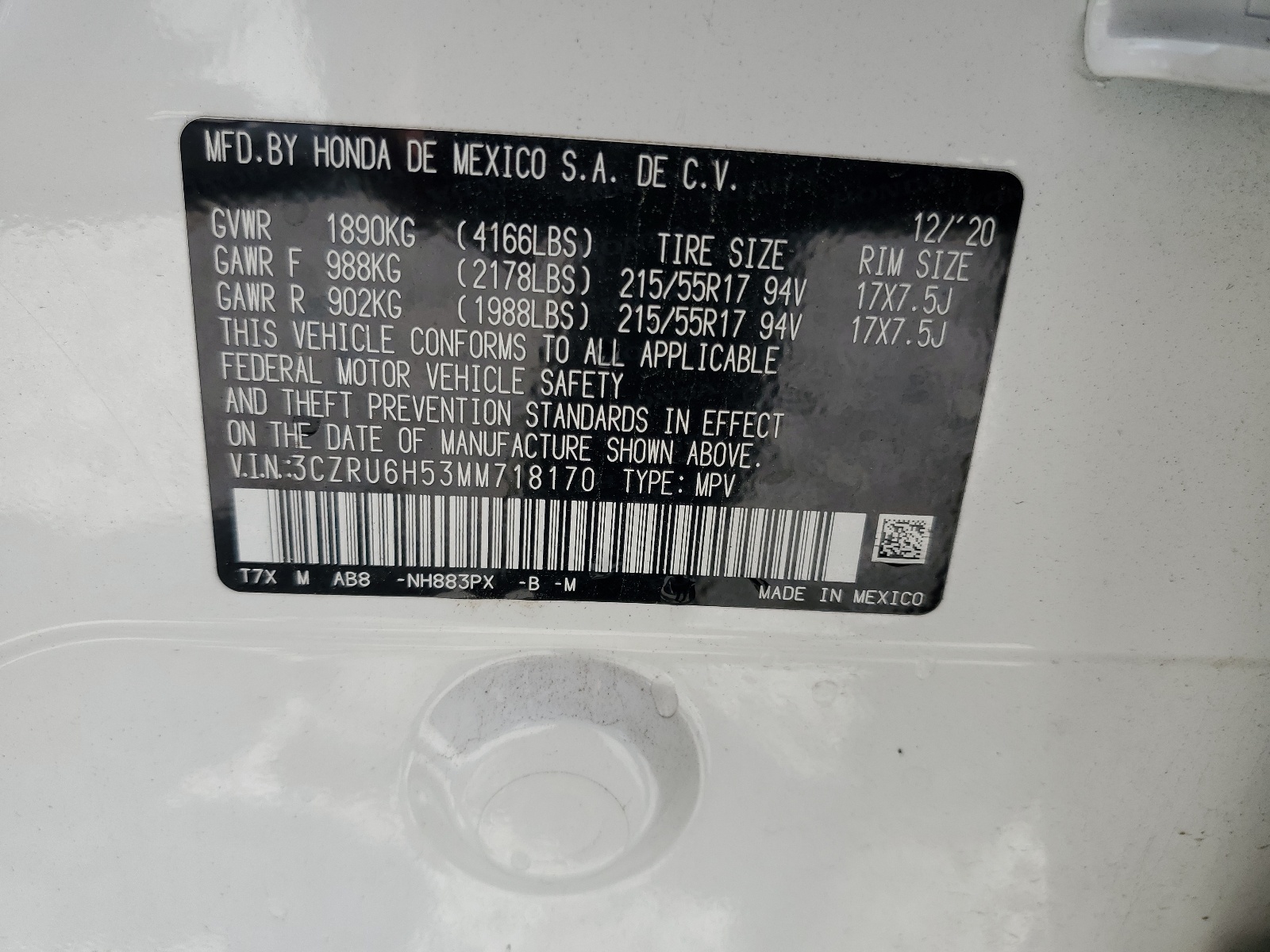 3CZRU6H53MM718170 2021 Honda Hr-V Ex