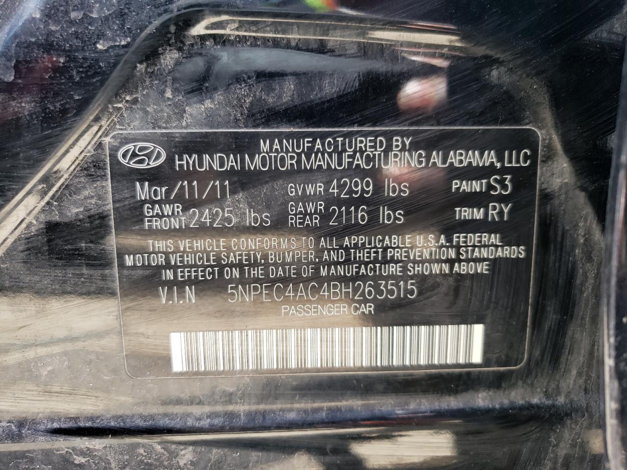 2011 Hyundai Sonata Se VIN: 5NPEC4AC4BH263515 Lot: 57007574