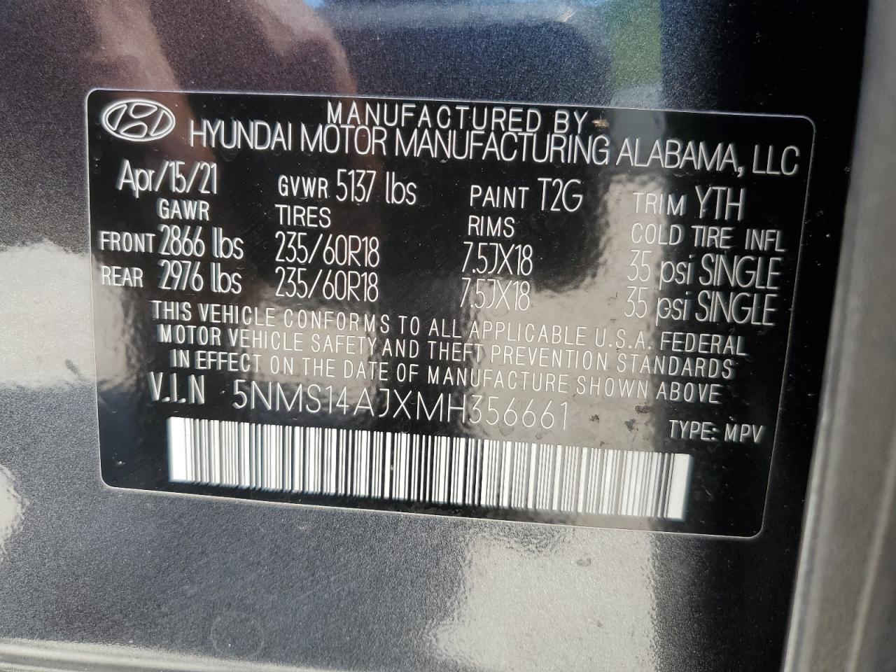 2021 Hyundai Santa Fe Se VIN: 5NMS14AJXMH356661 Lot: 56924464