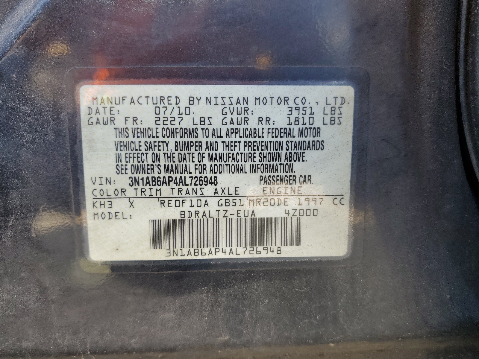 3N1AB6AP4AL726948 2010 Nissan Sentra 2.0