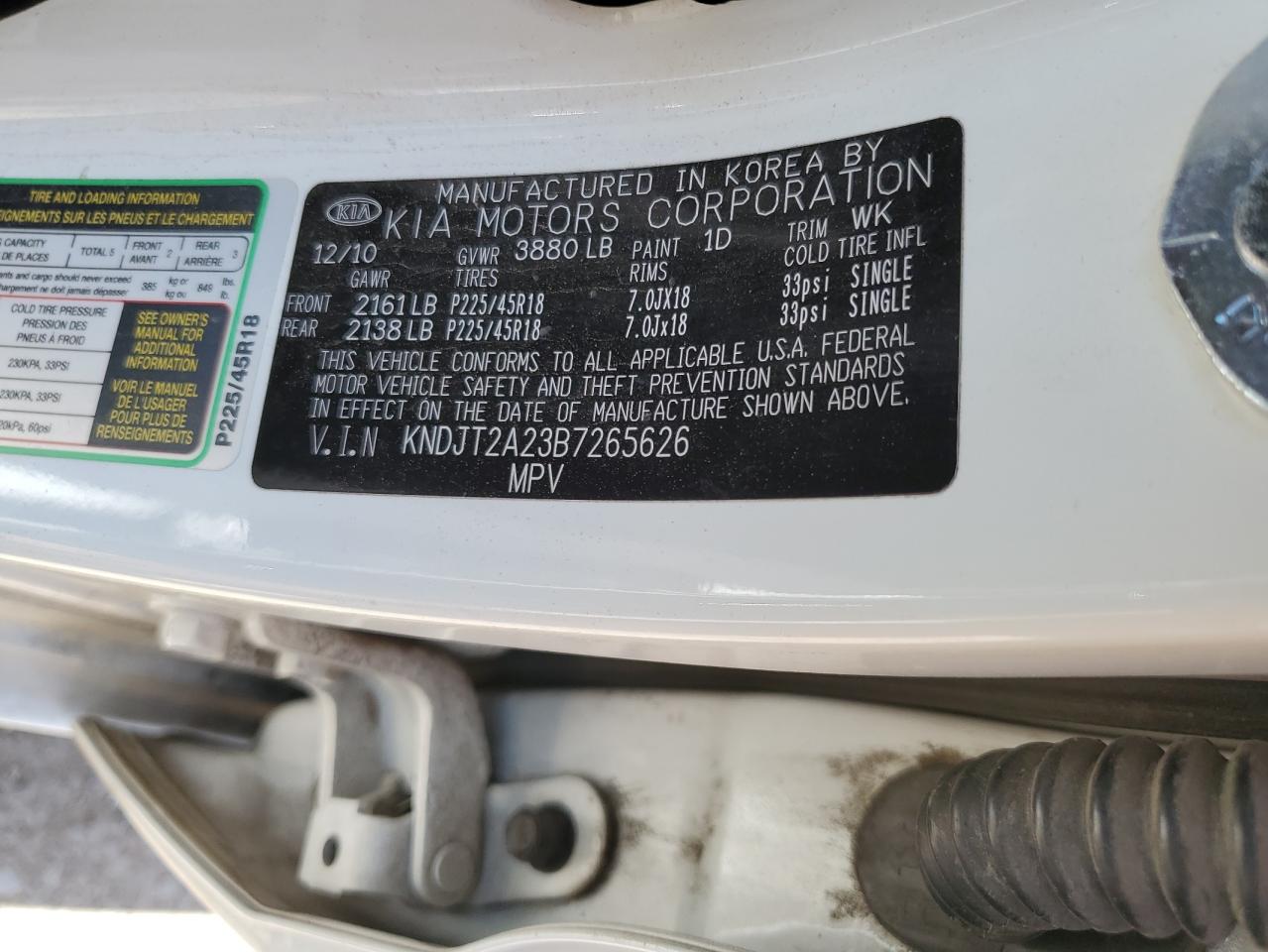 2011 Kia Soul + VIN: KNDJT2A23B7265626 Lot: 52772054