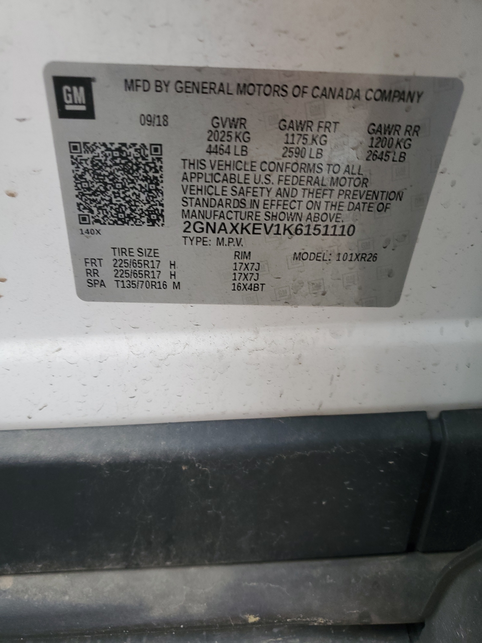 2GNAXKEV1K6151110 2019 Chevrolet Equinox Lt