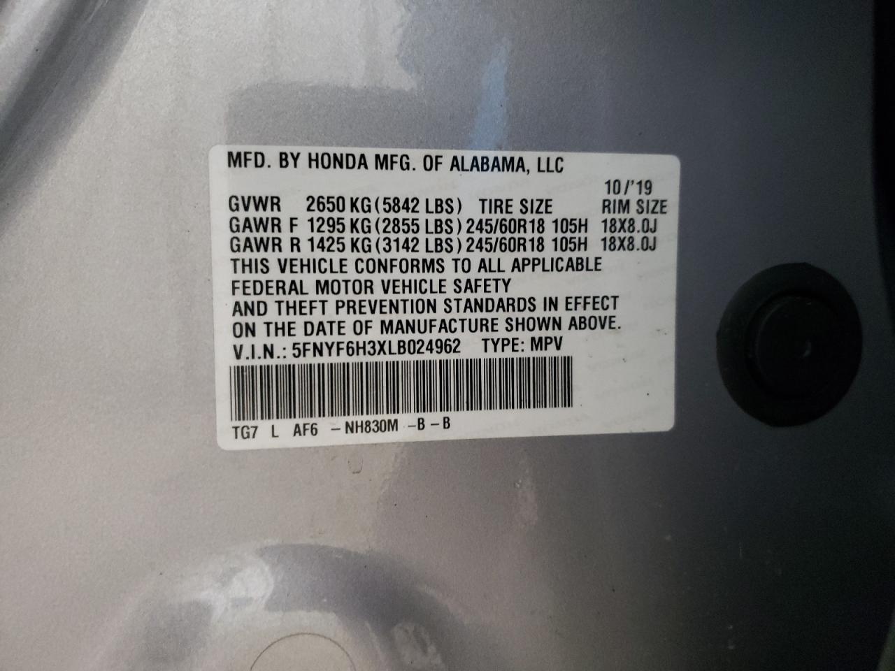 5FNYF6H3XLB024962 2020 Honda Pilot Ex