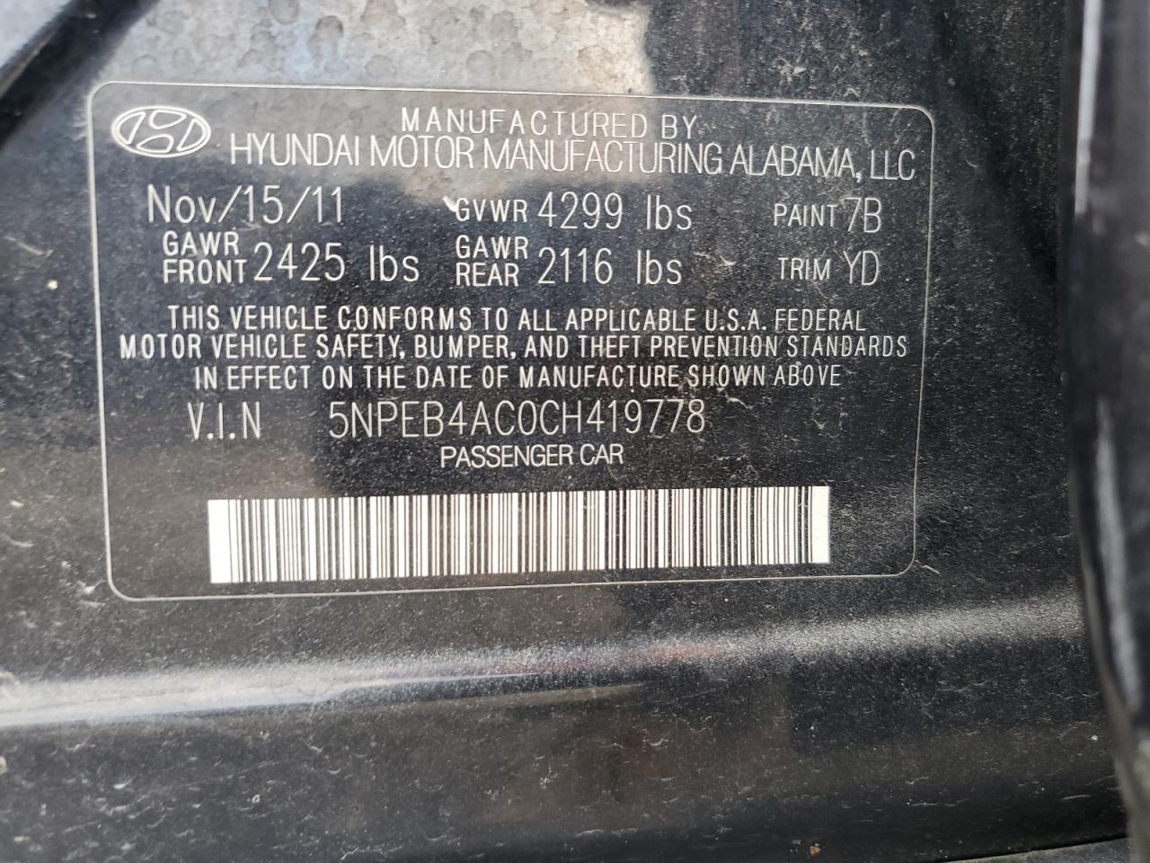 5NPEB4AC0CH419778 2012 Hyundai Sonata Gls