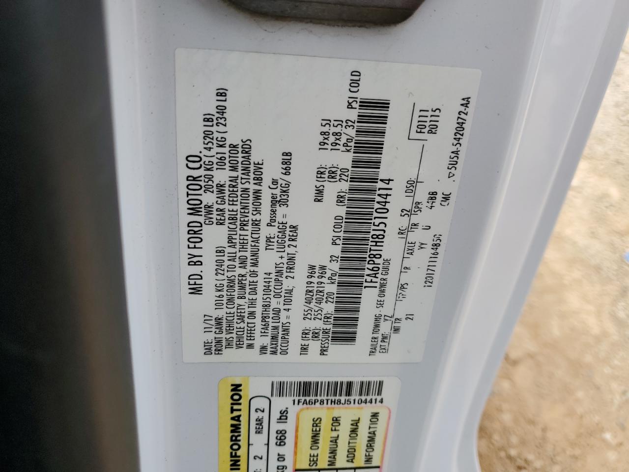 2018 Ford Mustang VIN: 1FA6P8TH8J5104414 Lot: 54367824