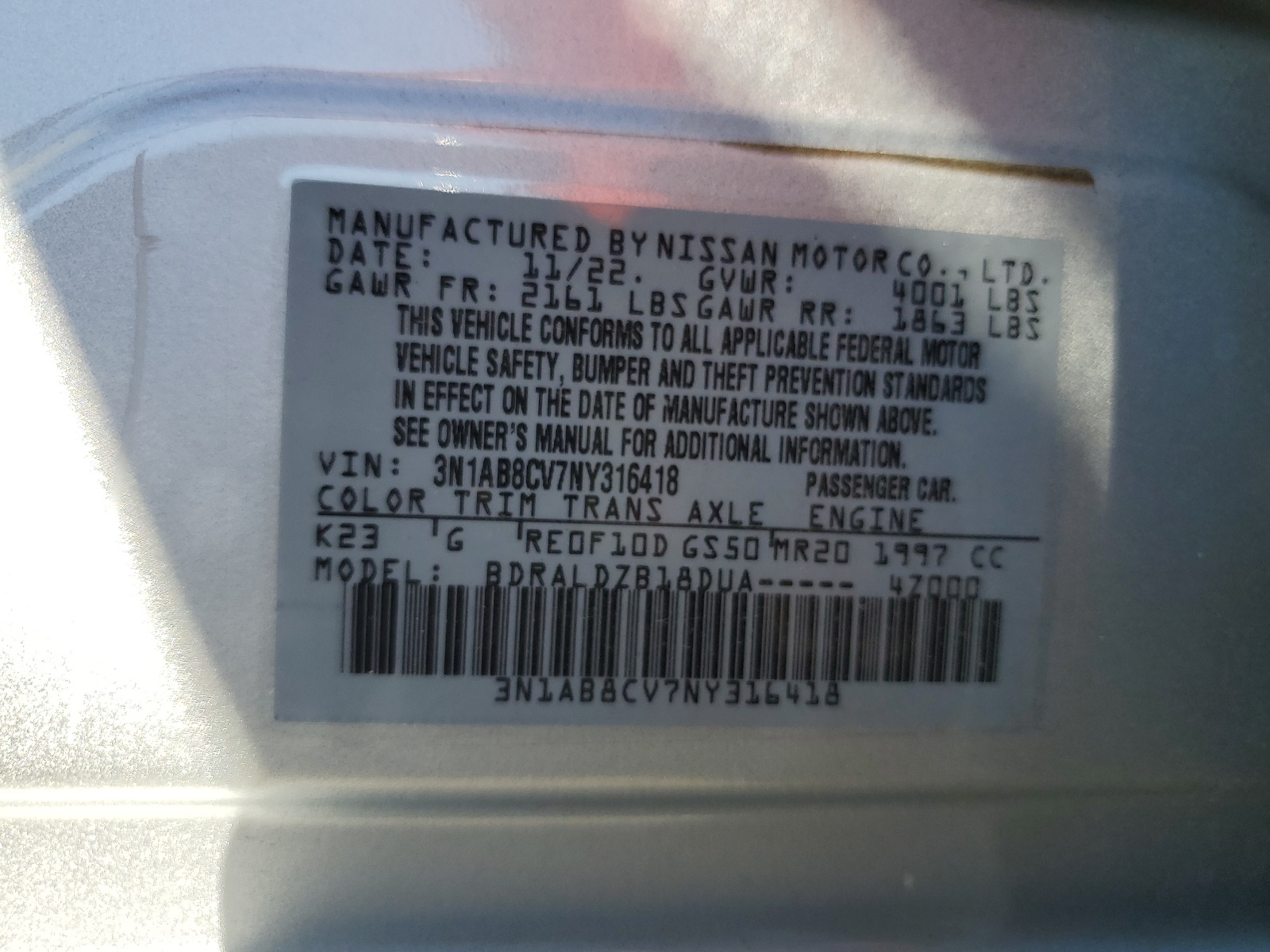 3N1AB8CV7NY316418 2022 Nissan Sentra Sv