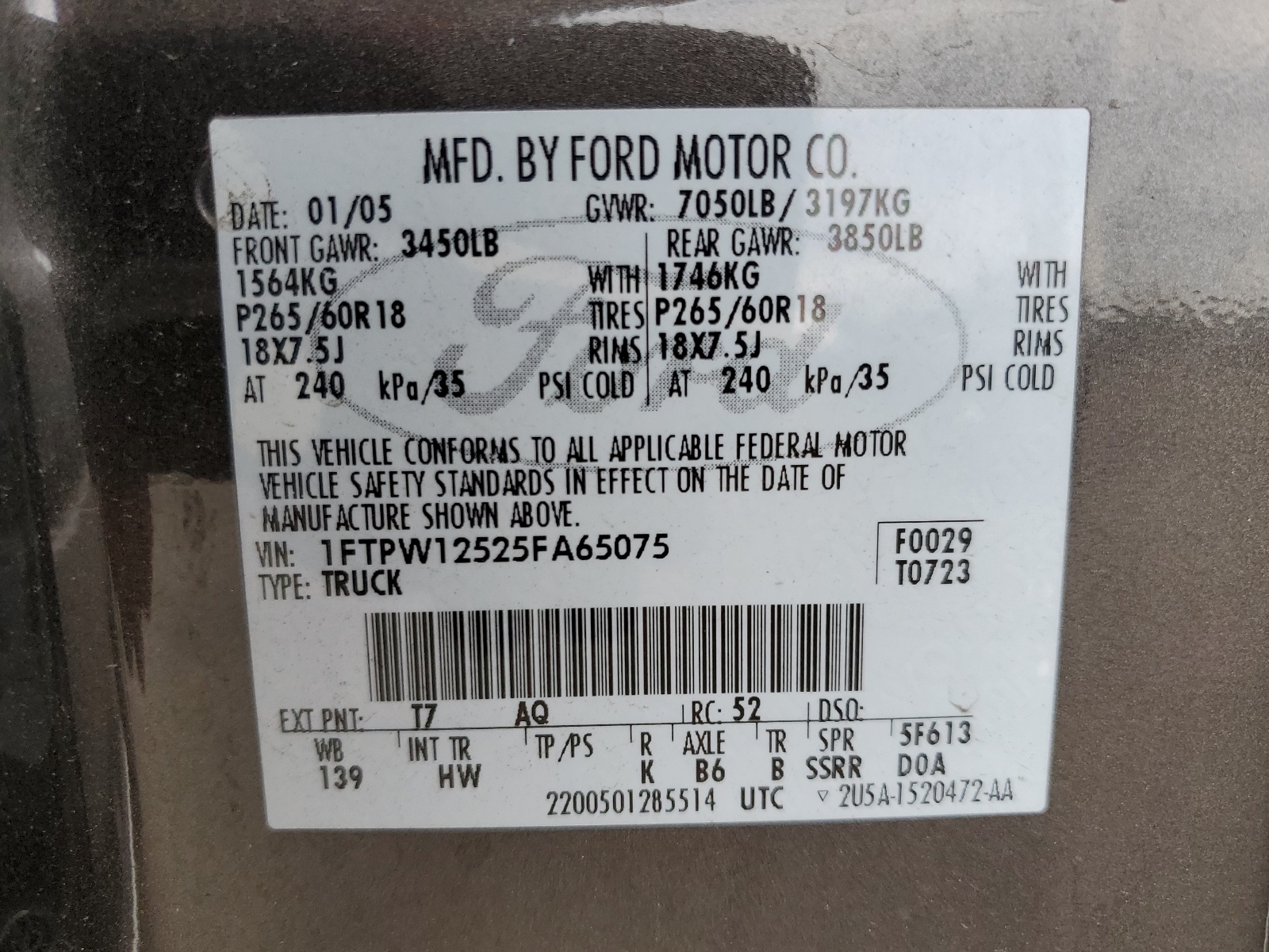1FTPW12525FA65075 2005 Ford F150 Supercrew