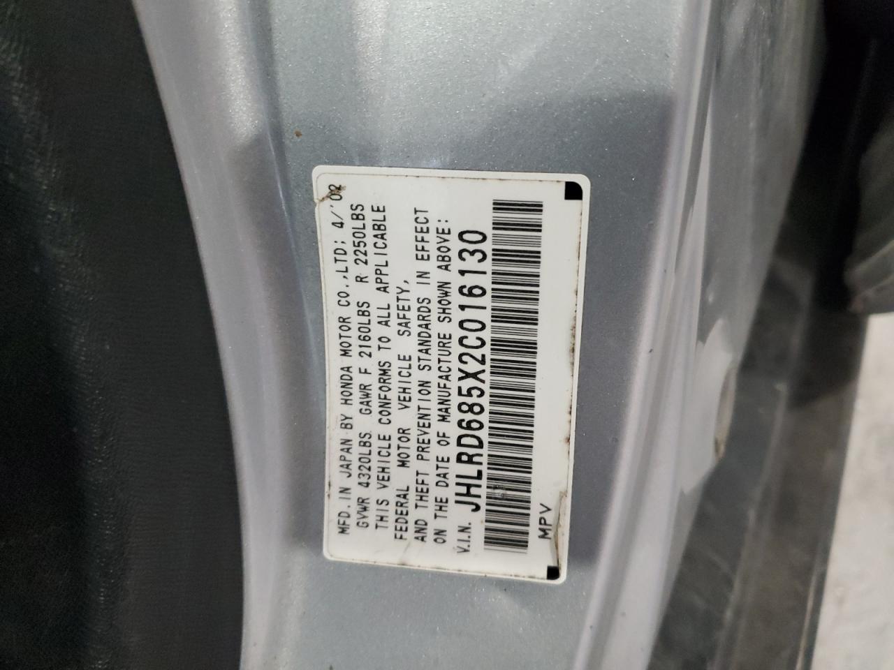 2002 Honda Cr-V Lx VIN: JHLRD685X2C016130 Lot: 55836734