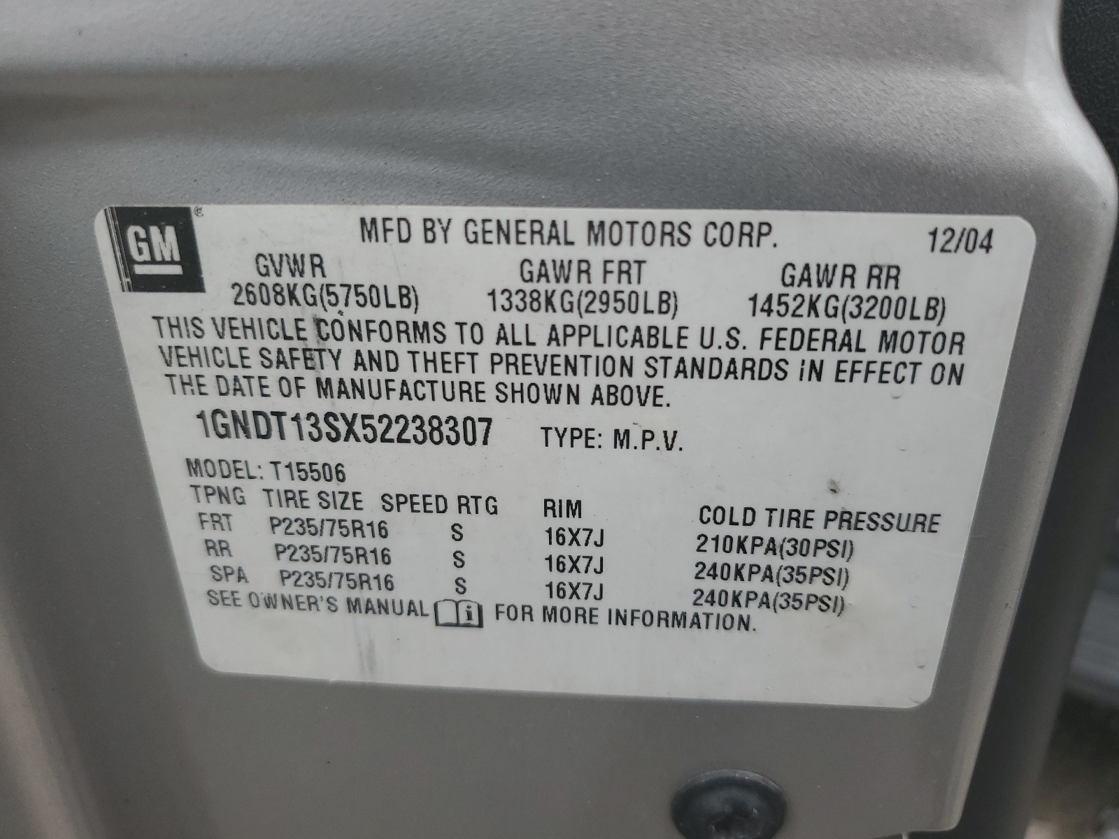 1GNDT13SX52238307 2005 Chevrolet Trailblazer Ls