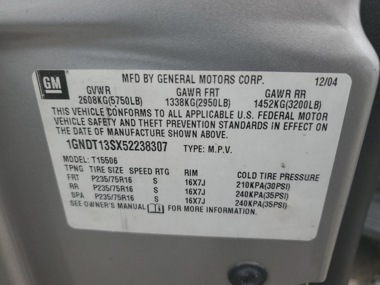 2005 Chevrolet Trailblazer Ls VIN: 1GNDT13SX52238307 Lot: 61964264